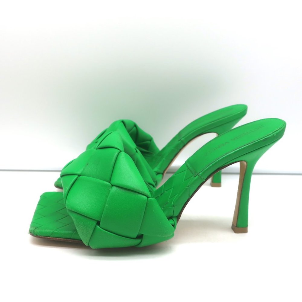 BOTTEGA VENETA LIDO MULES GRASS INTRECCIATO LEATHER SIZE 37.5 HIGH HEEL SANDALS - Picture 7 of 12